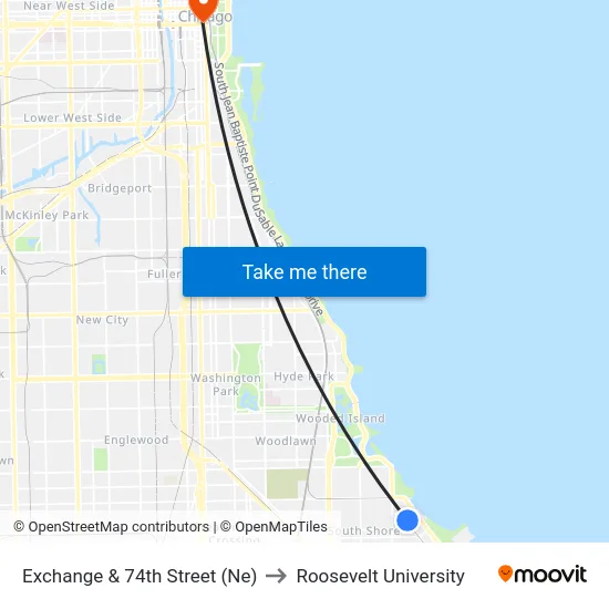 Exchange & 74th Street (Ne) to Roosevelt University map