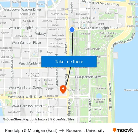 Randolph & Michigan (East) to Roosevelt University map