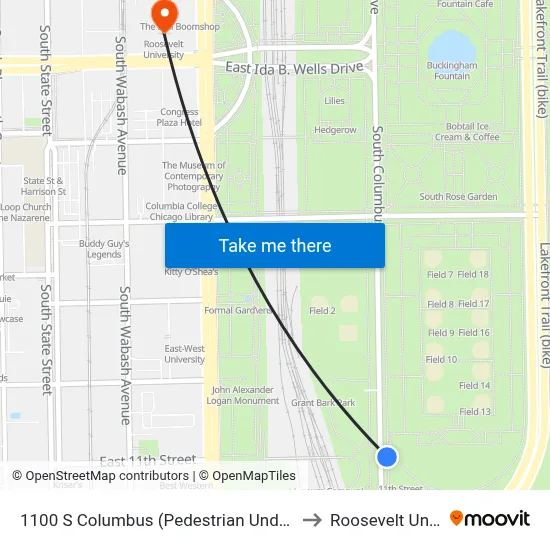 1100 S Columbus (Pedestrian Underpass) (North) to Roosevelt University map