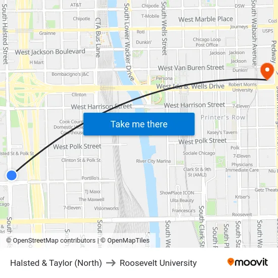 Halsted & Taylor (North) to Roosevelt University map