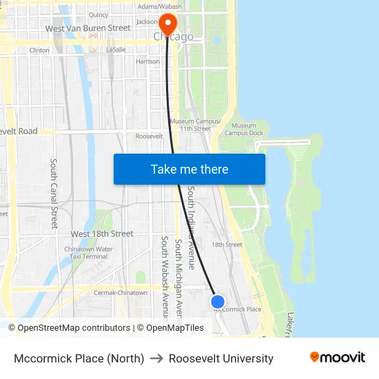 Mccormick Place (North) to Roosevelt University map