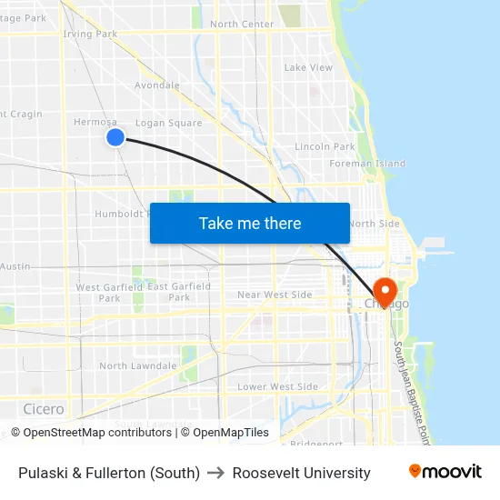 Pulaski & Fullerton (South) to Roosevelt University map