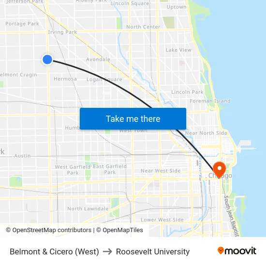Belmont & Cicero (West) to Roosevelt University map
