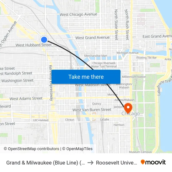 Grand & Milwaukee (Blue Line) (West) to Roosevelt University map