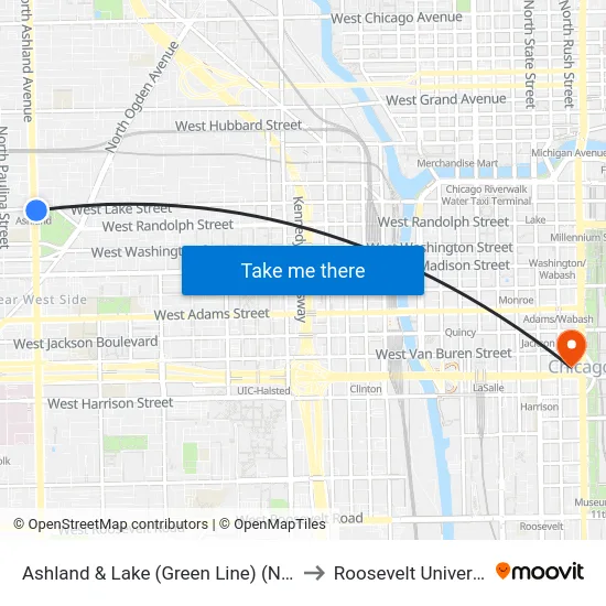 Ashland & Lake (Green Line) (North) to Roosevelt University map