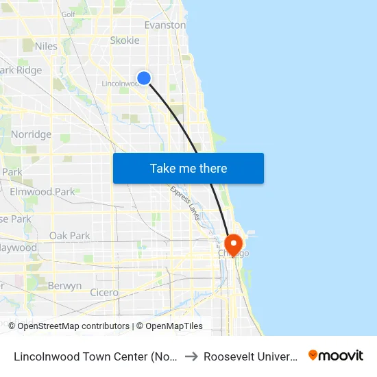 Lincolnwood Town Center (North) to Roosevelt University map