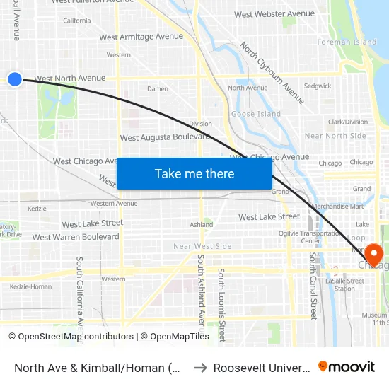 North Ave & Kimball/Homan (West) to Roosevelt University map