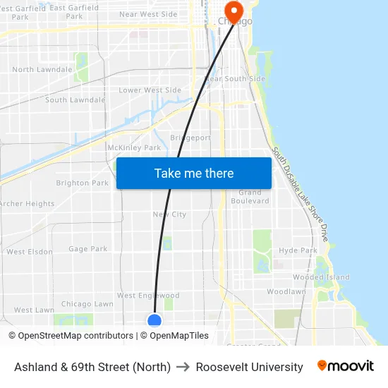 Ashland & 69th Street (North) to Roosevelt University map