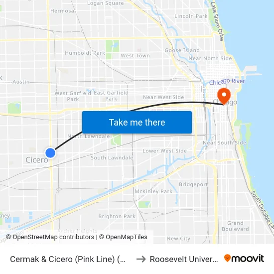 Cermak & Cicero (Pink Line) (West) to Roosevelt University map