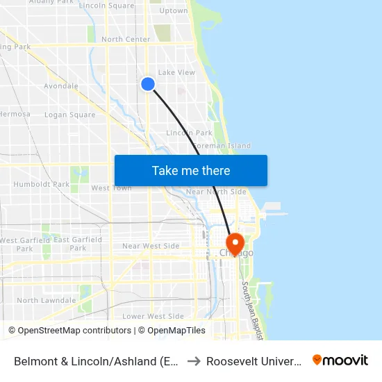 Belmont & Lincoln/Ashland (East) to Roosevelt University map