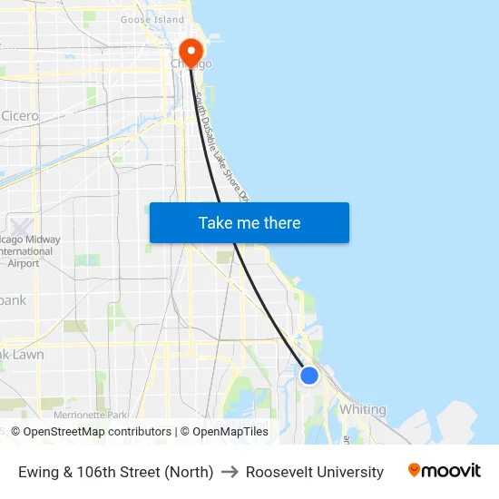 Ewing & 106th Street (North) to Roosevelt University map
