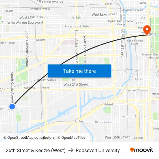 26th Street & Kedzie (West) to Roosevelt University map