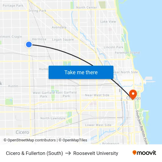 Cicero & Fullerton (South) to Roosevelt University map