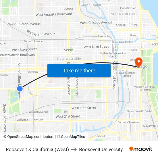 Roosevelt & California (West) to Roosevelt University map
