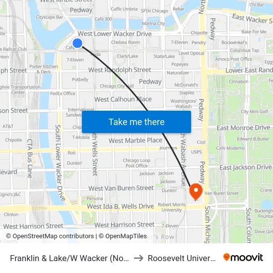 Franklin & Lake/W Wacker (North) to Roosevelt University map