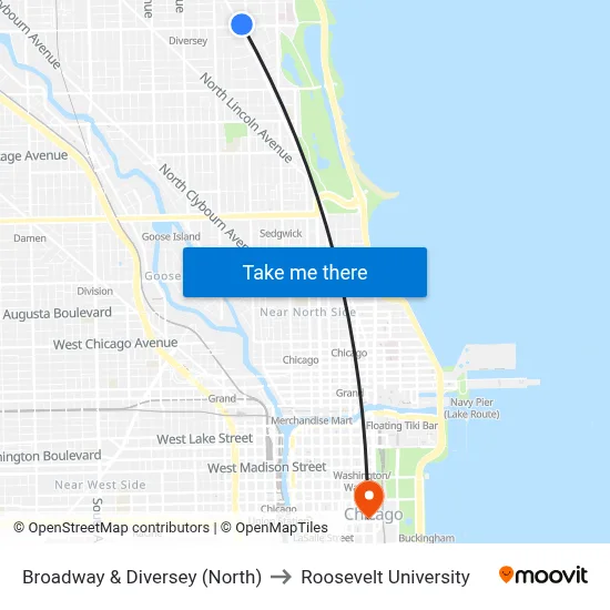 Broadway & Diversey (North) to Roosevelt University map
