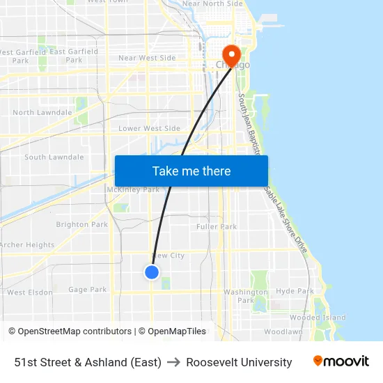 51st Street & Ashland (East) to Roosevelt University map