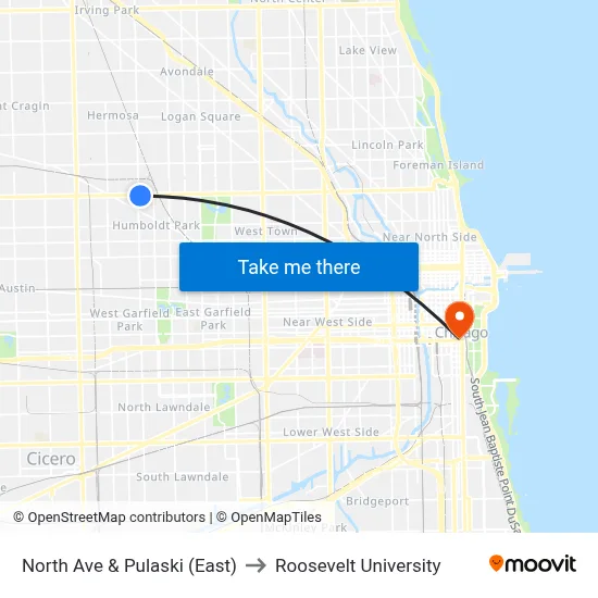 North Ave & Pulaski (East) to Roosevelt University map