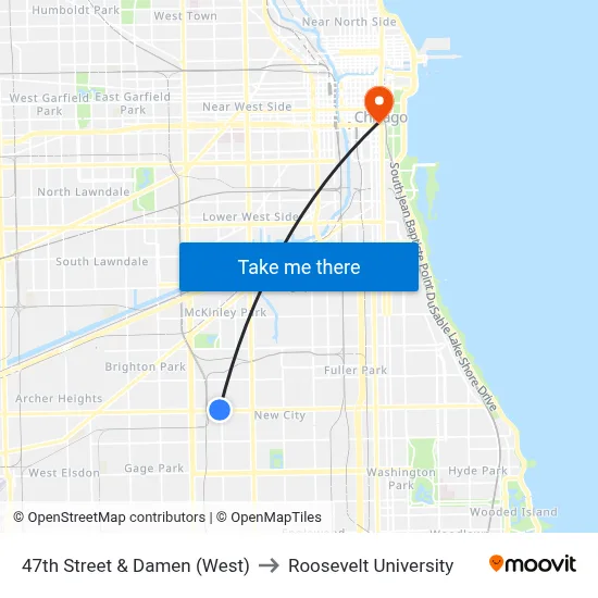 47th Street & Damen (West) to Roosevelt University map