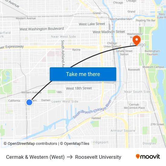 Cermak & Western (West) to Roosevelt University map
