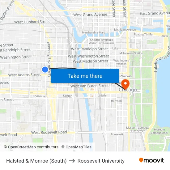 Halsted & Monroe (South) to Roosevelt University map