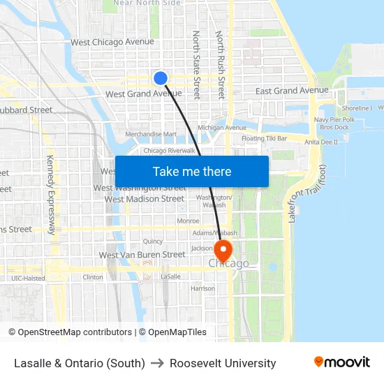 Lasalle & Ontario (South) to Roosevelt University map