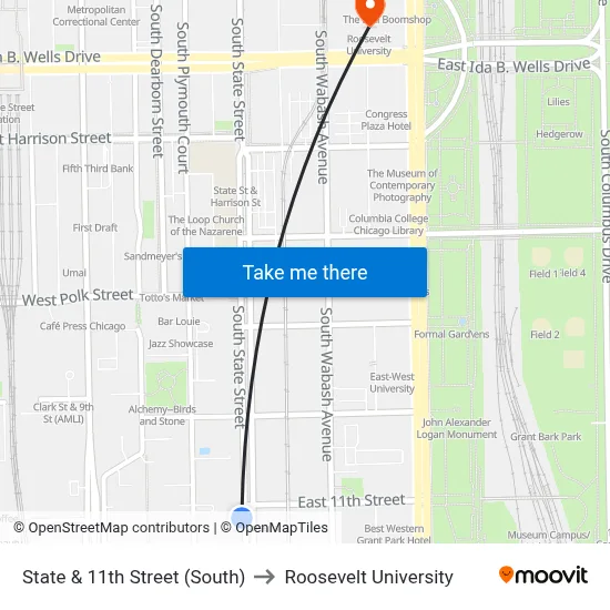 State & 11th Street (South) to Roosevelt University map