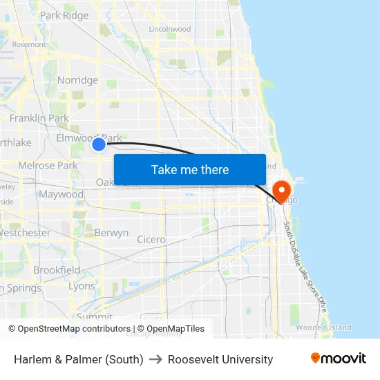 Harlem & Palmer (South) to Roosevelt University map