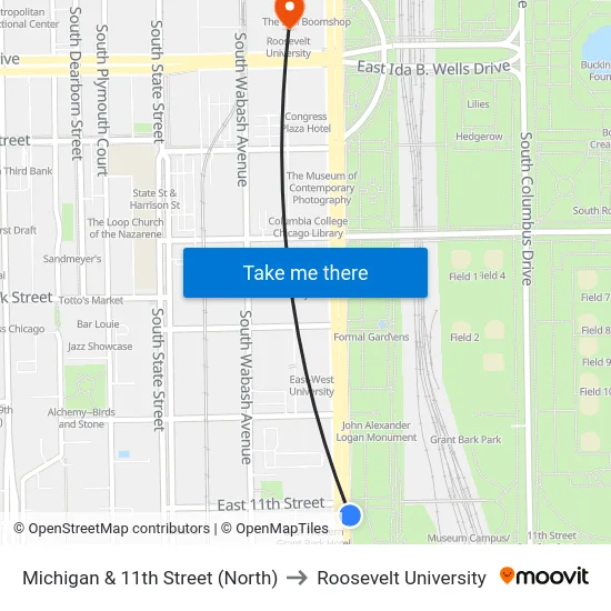 Michigan & 11th Street (North) to Roosevelt University map