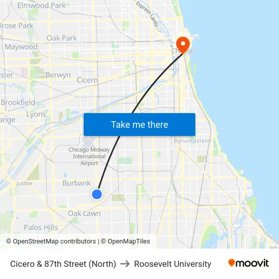 Cicero & 87th Street (North) to Roosevelt University map