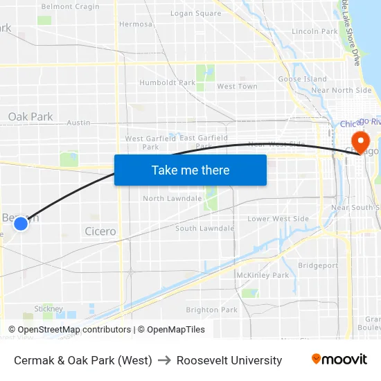Cermak & Oak Park (West) to Roosevelt University map