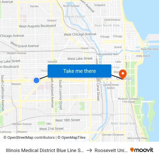 Illinois Medical District Blue Line Station (North) to Roosevelt University map