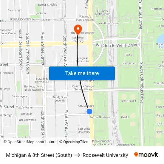 Michigan & 8th Street (South) to Roosevelt University map