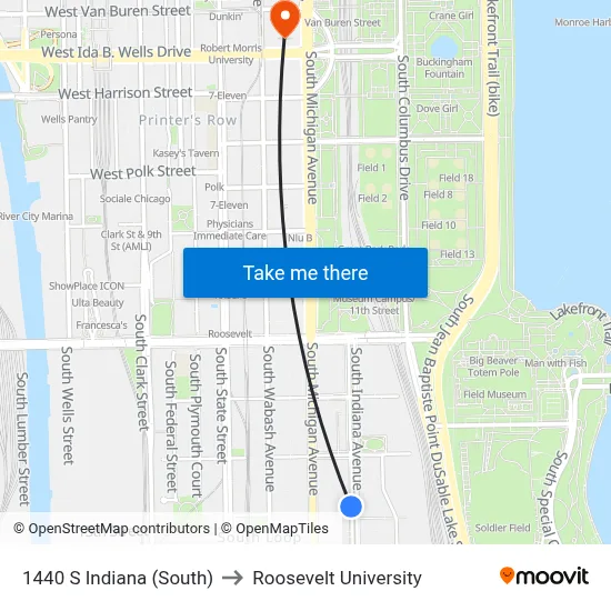 1440 S Indiana (South) to Roosevelt University map