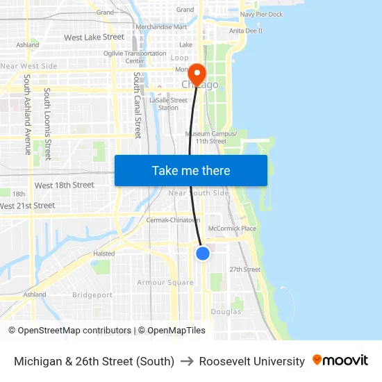 Michigan & 26th Street (South) to Roosevelt University map