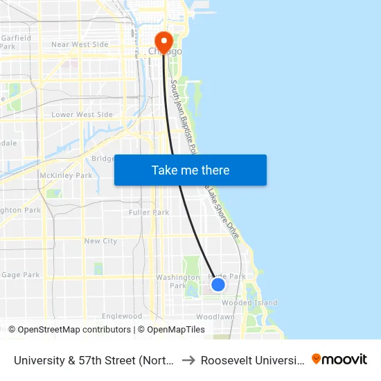 University & 57th Street (North) to Roosevelt University map