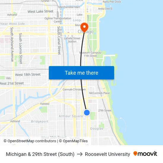 Michigan & 29th Street (South) to Roosevelt University map