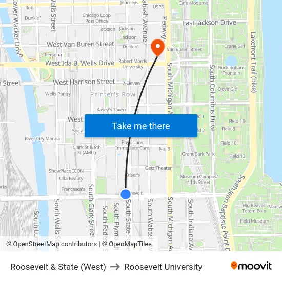 Roosevelt & State (West) to Roosevelt University map