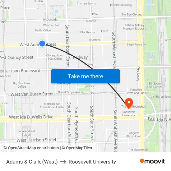 Adams & Clark (West) to Roosevelt University map