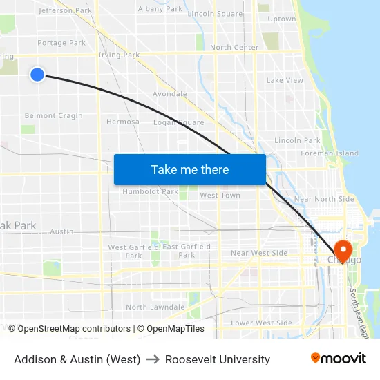 Addison & Austin (West) to Roosevelt University map