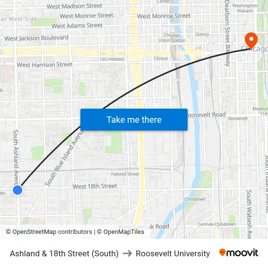 Ashland & 18th Street (South) to Roosevelt University map