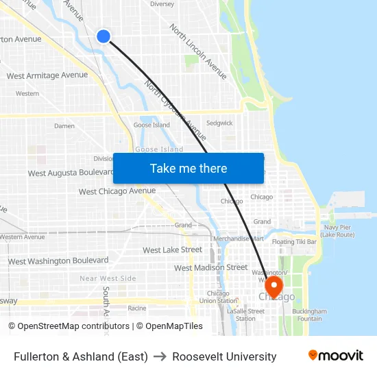 Fullerton & Ashland (East) to Roosevelt University map