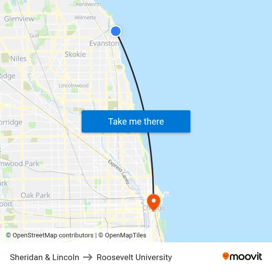 Sheridan & Lincoln to Roosevelt University map