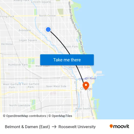 Belmont & Damen (East) to Roosevelt University map