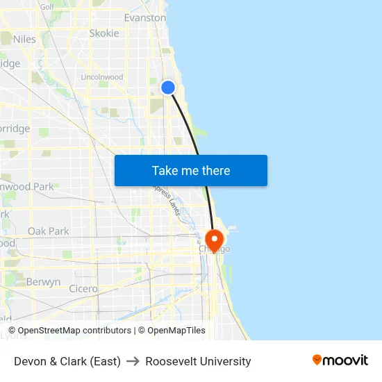 Devon & Clark (East) to Roosevelt University map