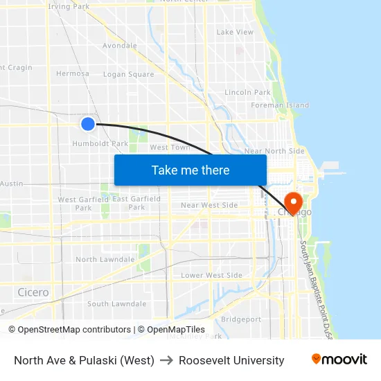 North Ave & Pulaski (West) to Roosevelt University map