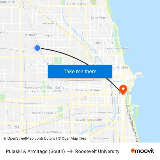 Pulaski & Armitage (South) to Roosevelt University map