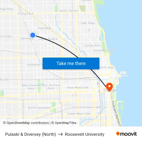 Pulaski & Diversey (North) to Roosevelt University map