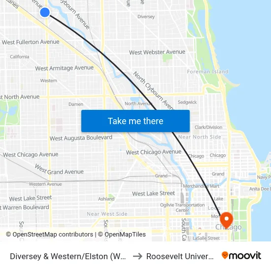 Diversey & Western/Elston (West) to Roosevelt University map