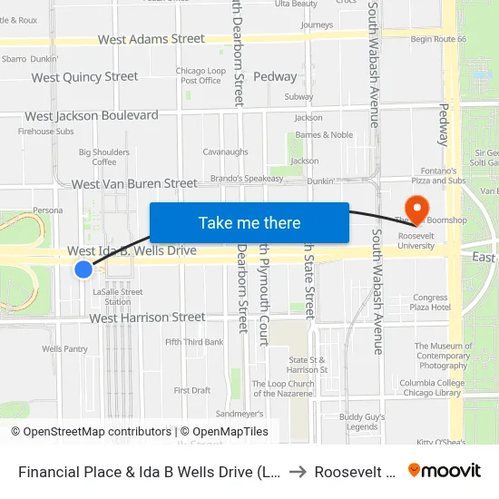 Financial Place & Ida B Wells Drive (Lasalle St Station) (North) to Roosevelt University map